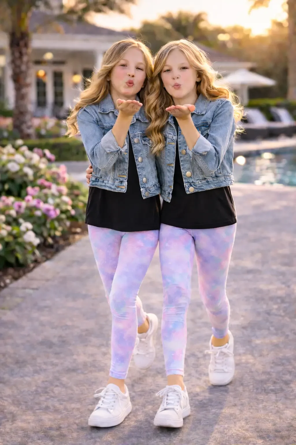 Front view of two girls wearing matching full-length athletic leggings featuring a pastel purple and pink tie-dye galaxy star pattern, styled with black t-shirts and denim jackets.