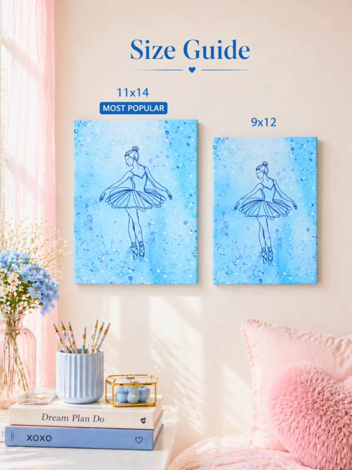 Size guide for Doodles and Saffron comparing 11x14 and 9x12 inch blue ballerina canvas art prints hanging on a pastel pink wall.