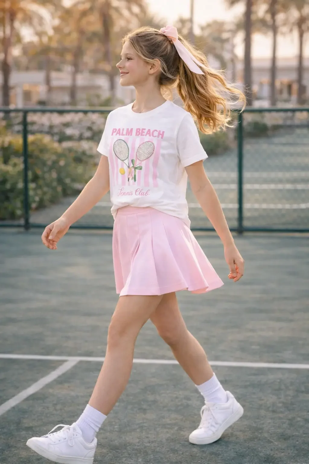 Side view of a smiling girl with a pink hair bow walking on a tennis court wearing a palm beach tennis club graphic t shirt and pink pleated tennis skirt.