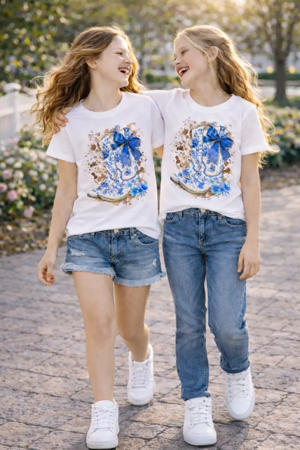 Two girls walking and laughing together wearing a matching white graphic tee featuring a blue floral cowboy boot design.