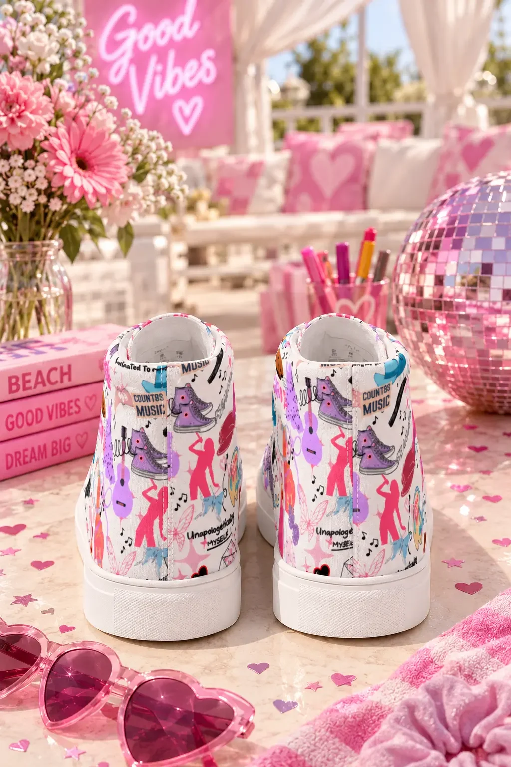 Back heel angle view of white high-top canvas sneakers featuring colorful pop music doodles and lyrics on an outdoor lounge table.