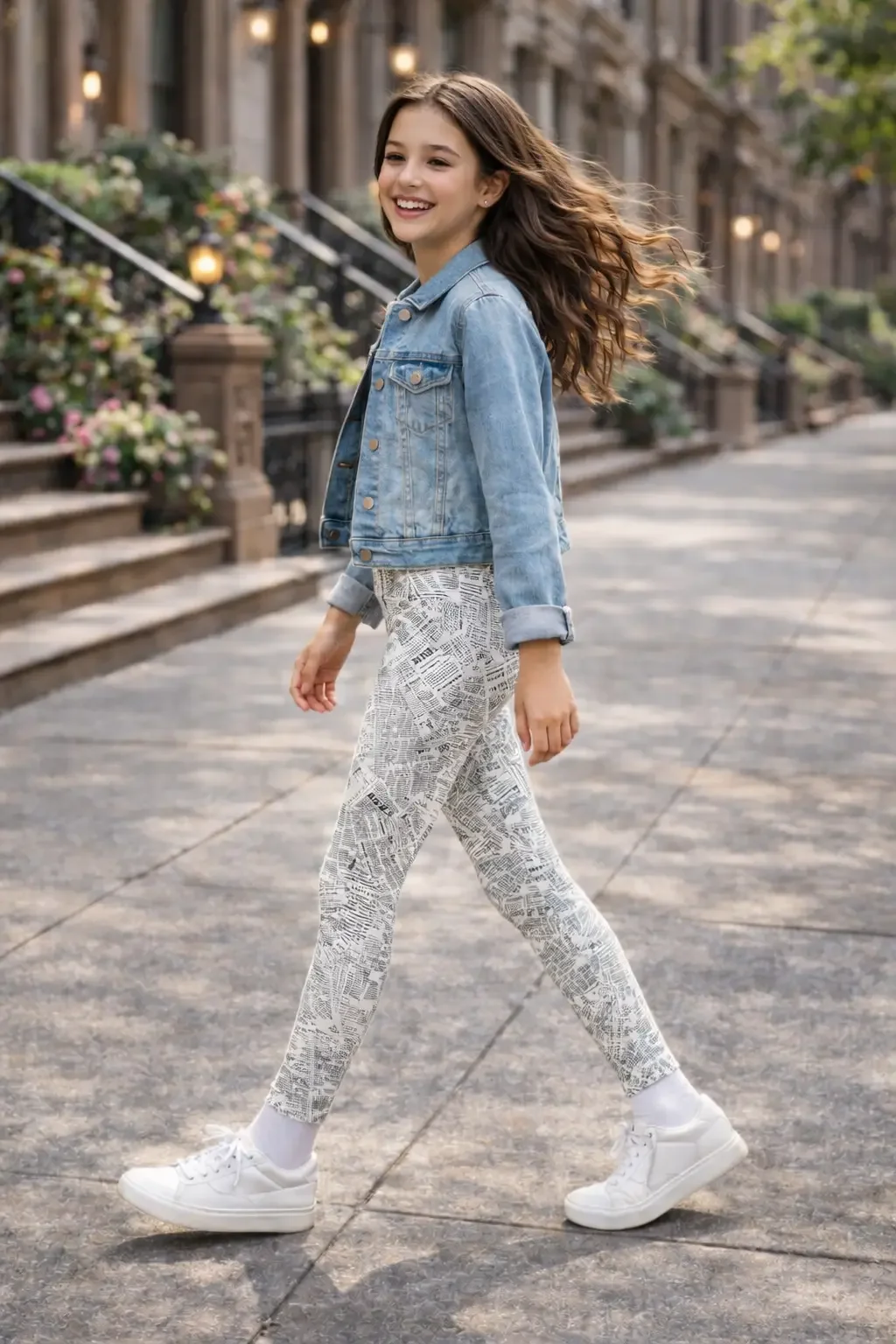 Side view of girl walking in street style newspaper pattern leggings, denim jacket, and white sneakers.