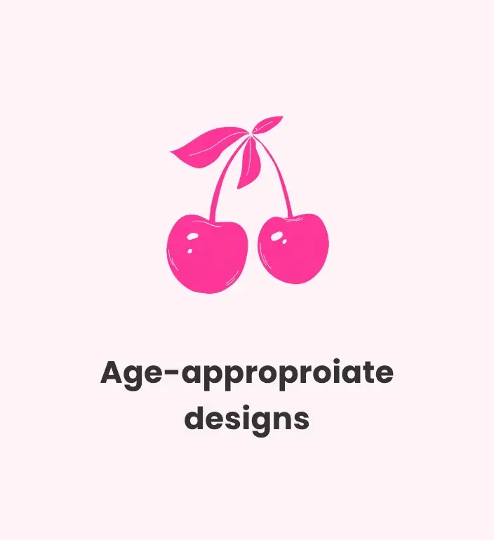 Brand value graphic for Doodles and Saffron with a pink cherry illustration stating Age-appropriate designs. (Copy) (Copy) (Copy) (Copy)