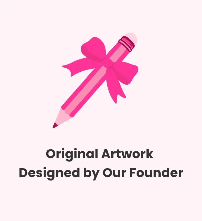Brand trust graphic for Doodles and Saffron featuring a pink pencil with a bow stating Original Artwork Designed by Our Founder. (Copy) (Copy) (Copy) (Copy)