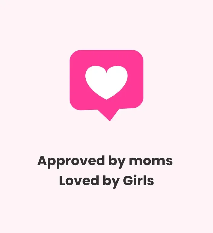 Social proof graphic for Doodles and Saffron with a pink heart icon stating Approved by moms Loved by Girls. (Copy) (Copy) (Copy) (Copy)