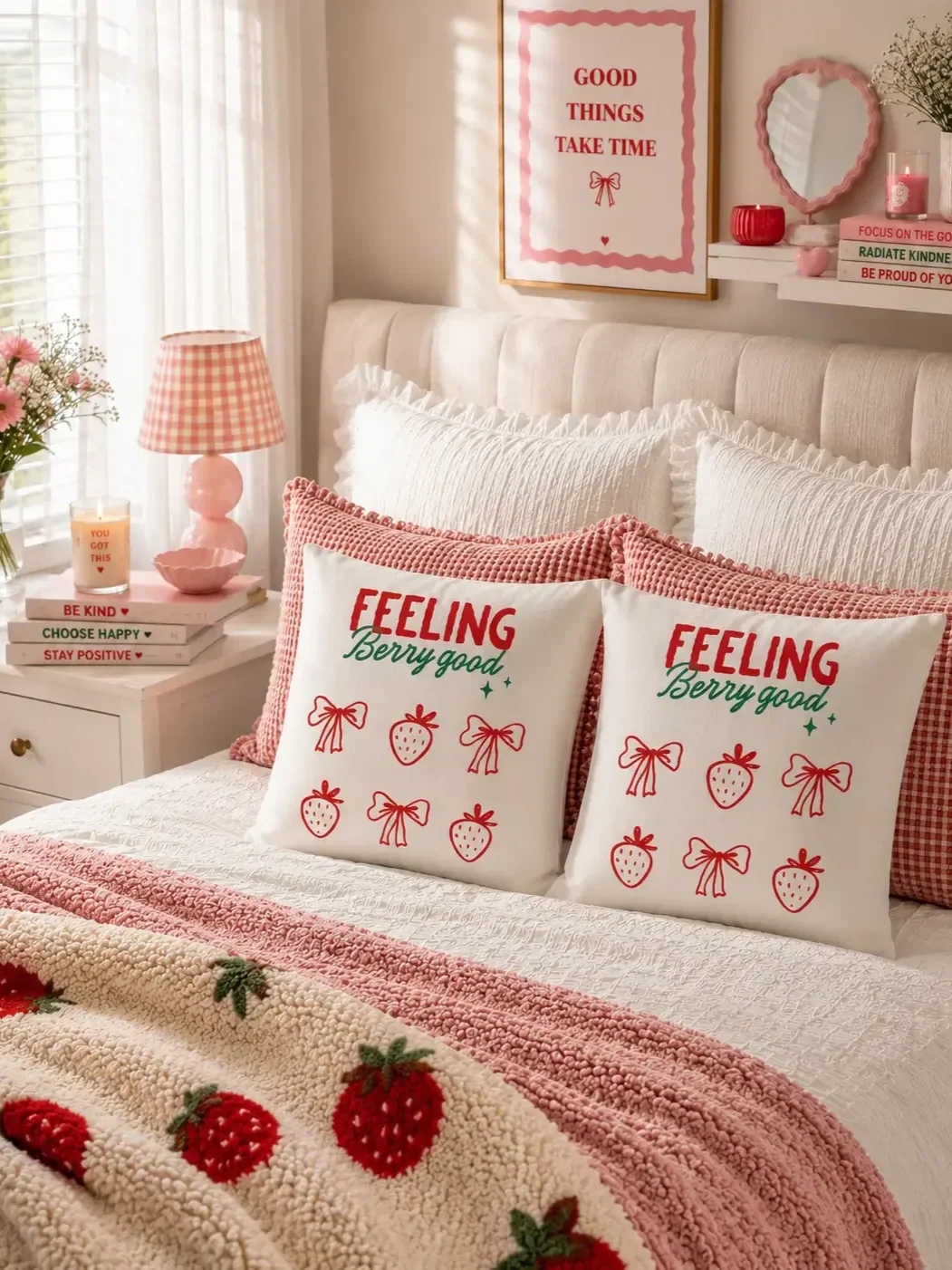 girly-red-and-pink-strawberry-theme-pillows.webp