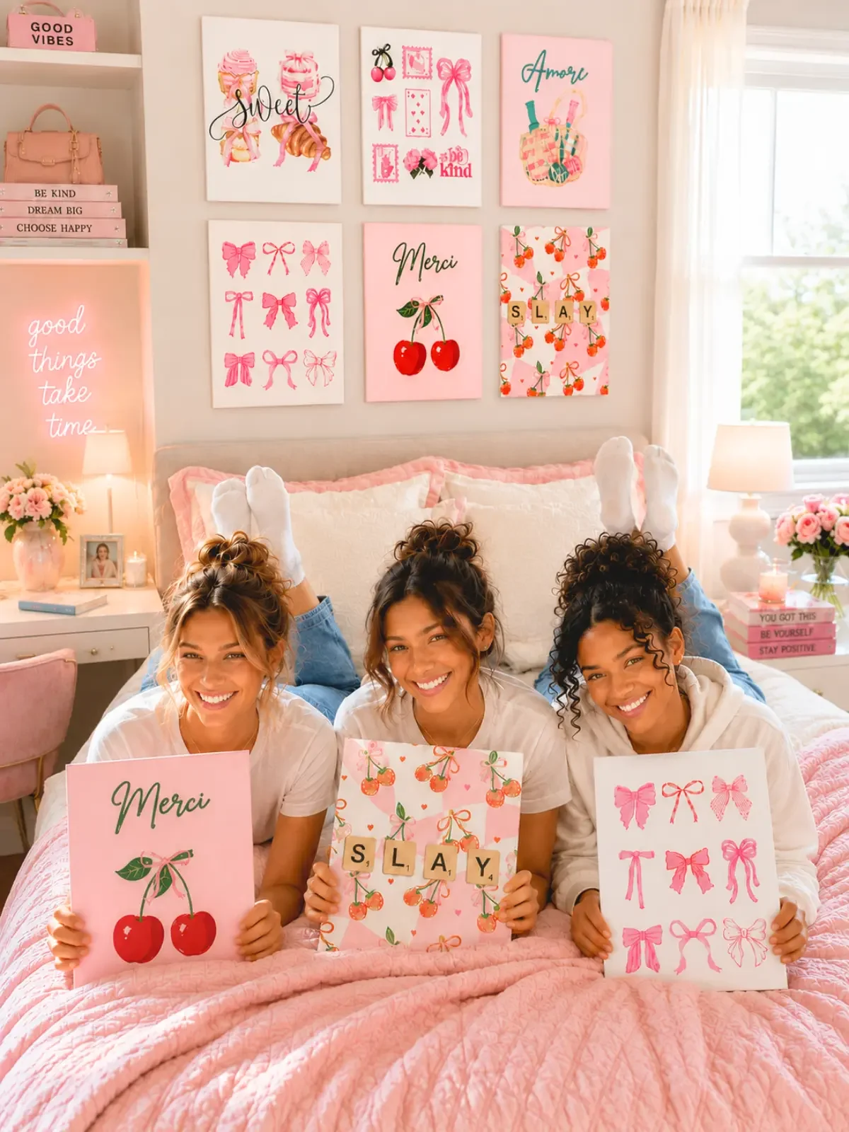 Three girls on a bed holding Merci cherry, Slay, and coquette bow canvas prints from the Doodles and Saffron 6-piece wall art bundle.
