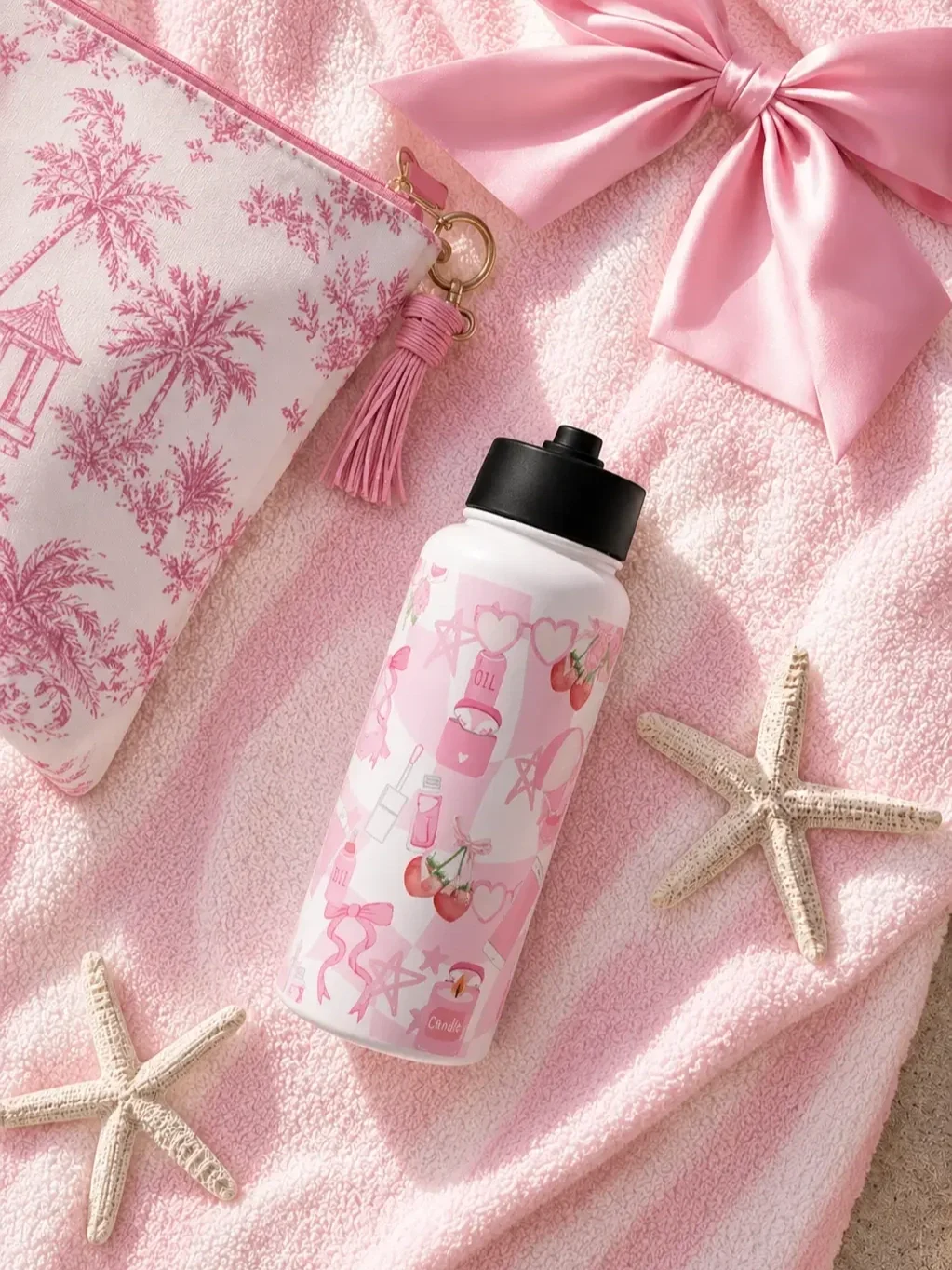 coquette-pink-cherry-print-beach-water-bottle-flatlay.webp
