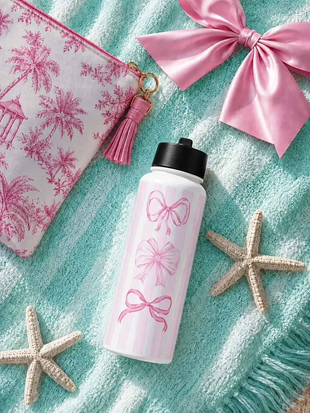 Coquette-pink-bow-striped-beach-water-bottle-flatlay.webp