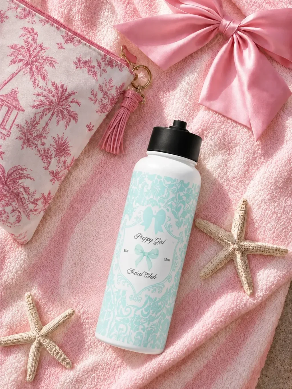 preppy-girl-social-club-blue-damask-beach-water-bottle.webp