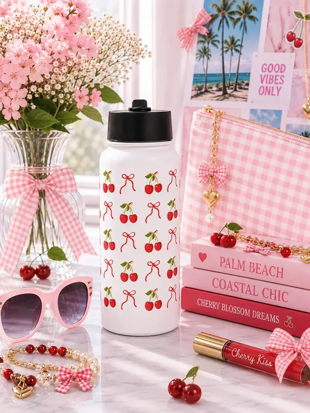 cherry-bow-insulated-water-bottle-palm-beach-flatlay.webp