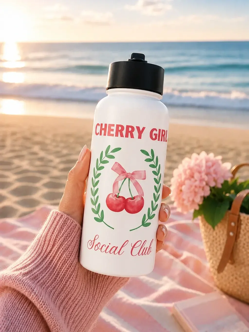 cherry-girl-social-club-water-bottle-beach-sunset.webp