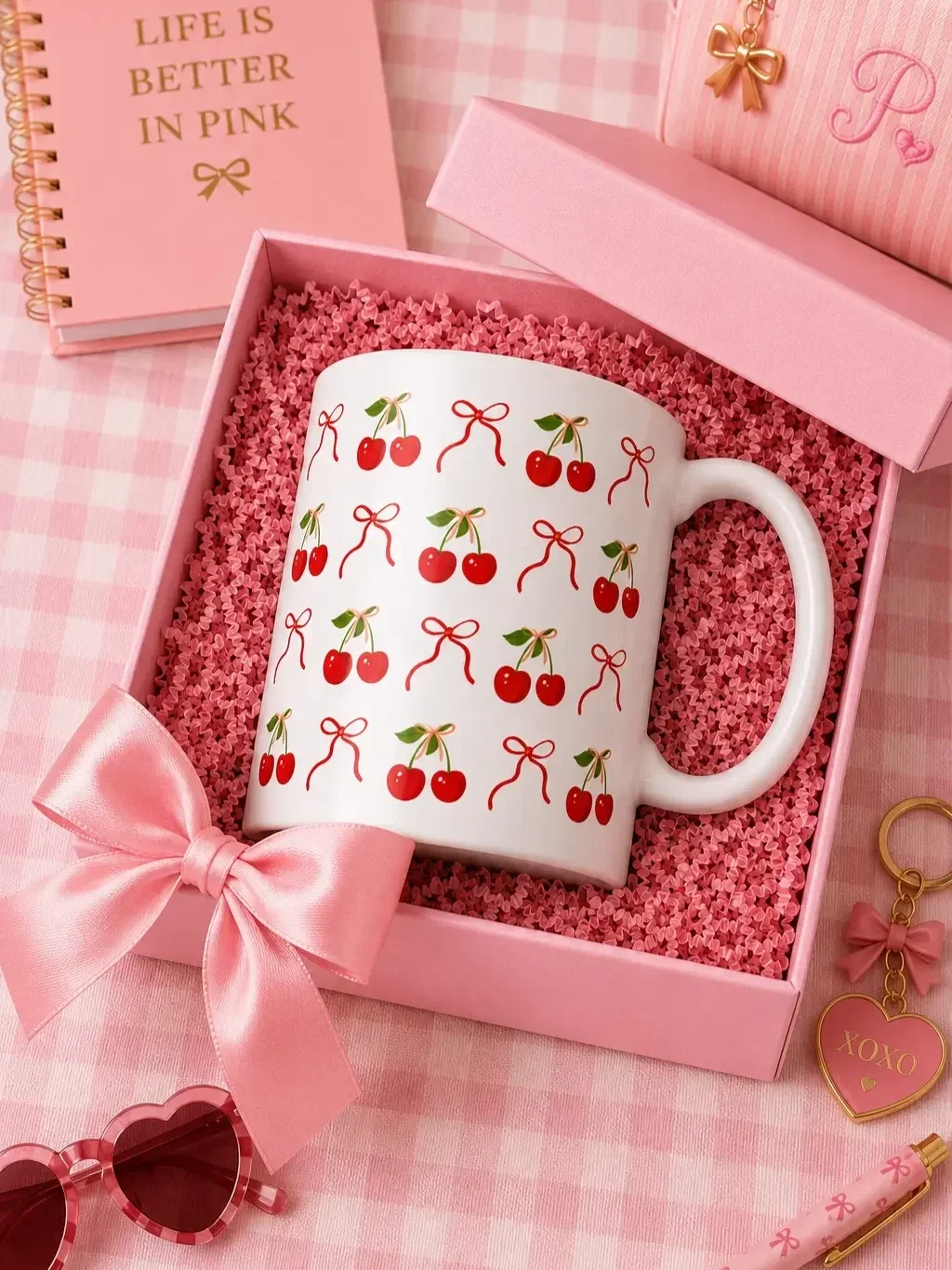 White mug with a cherry and bow pattern inside an opened pink gift box next to a pink notebook and heart sunglasses.