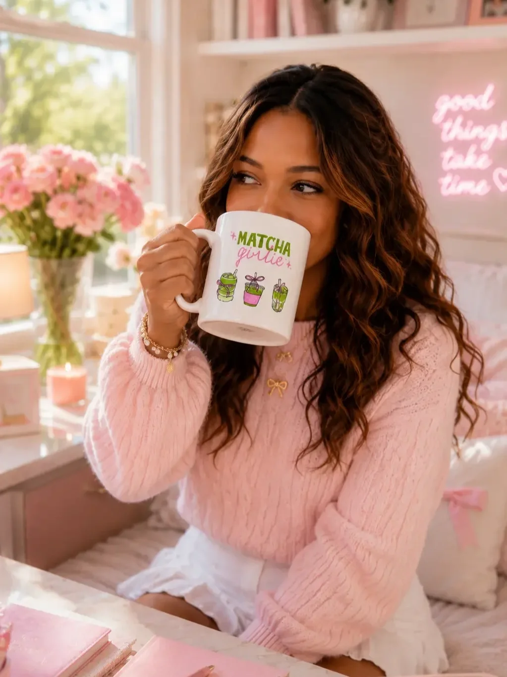 Woman in a pink sweater drinking from a white Matcha Girlie ceramic mug at her desk next to pink flowers.