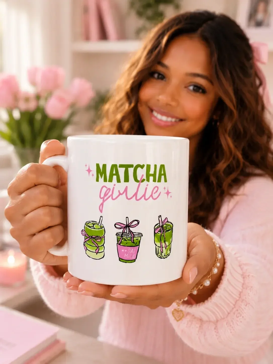 Close up of a smiling woman holding a white Matcha Girlie ceramic mug with illustration details forward.