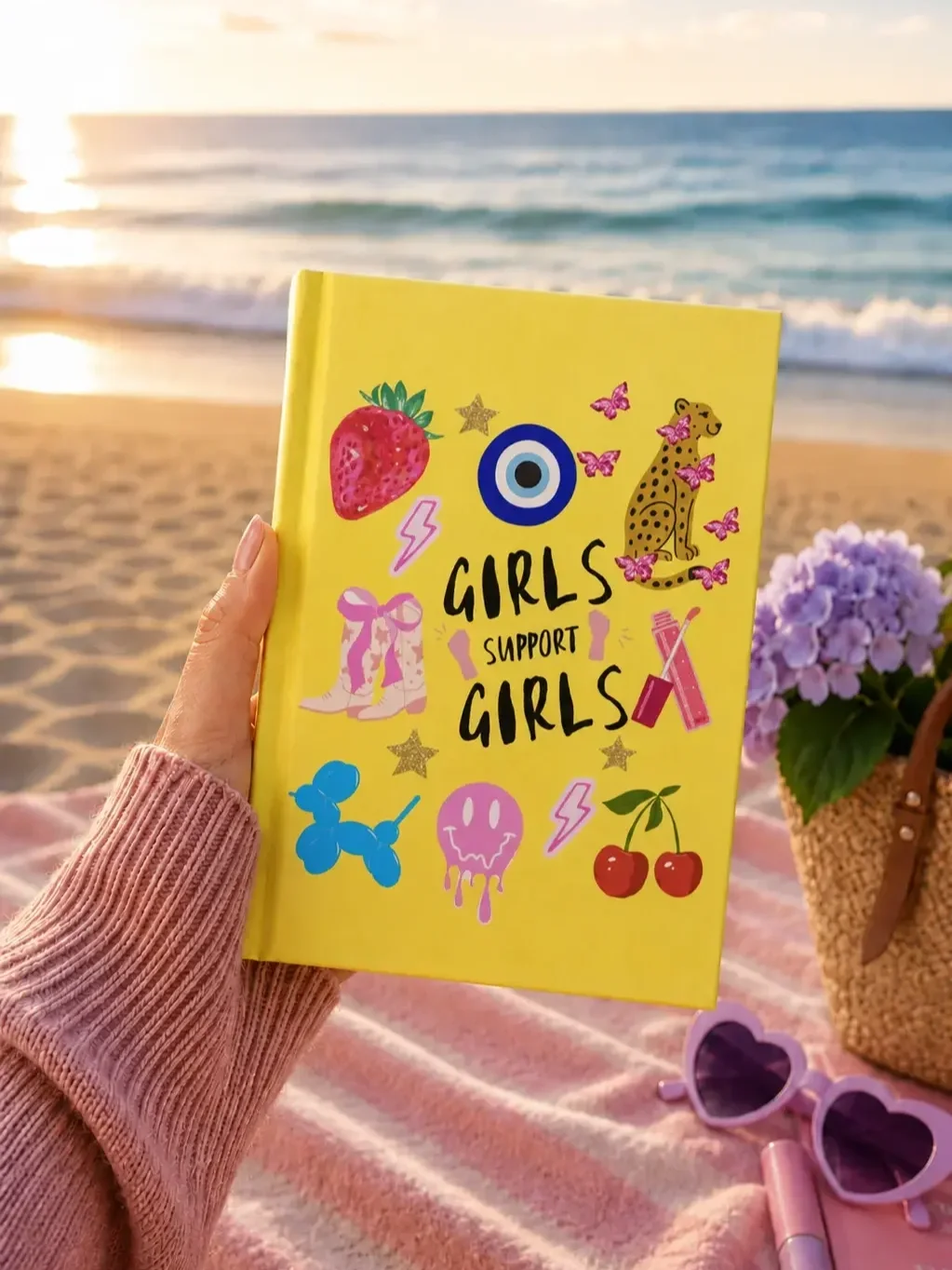 girls-support-girls-yellow-journal-beach-flat-lay.webp