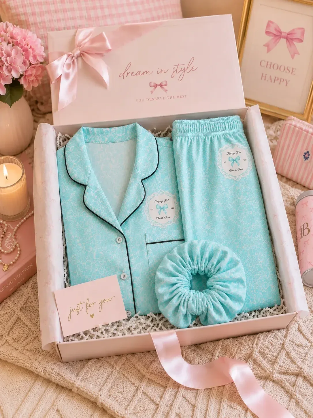 Open pink dream in style gift box containing a mint green patterned button-up pajama set, matching scrunchie, and a just for you note card.