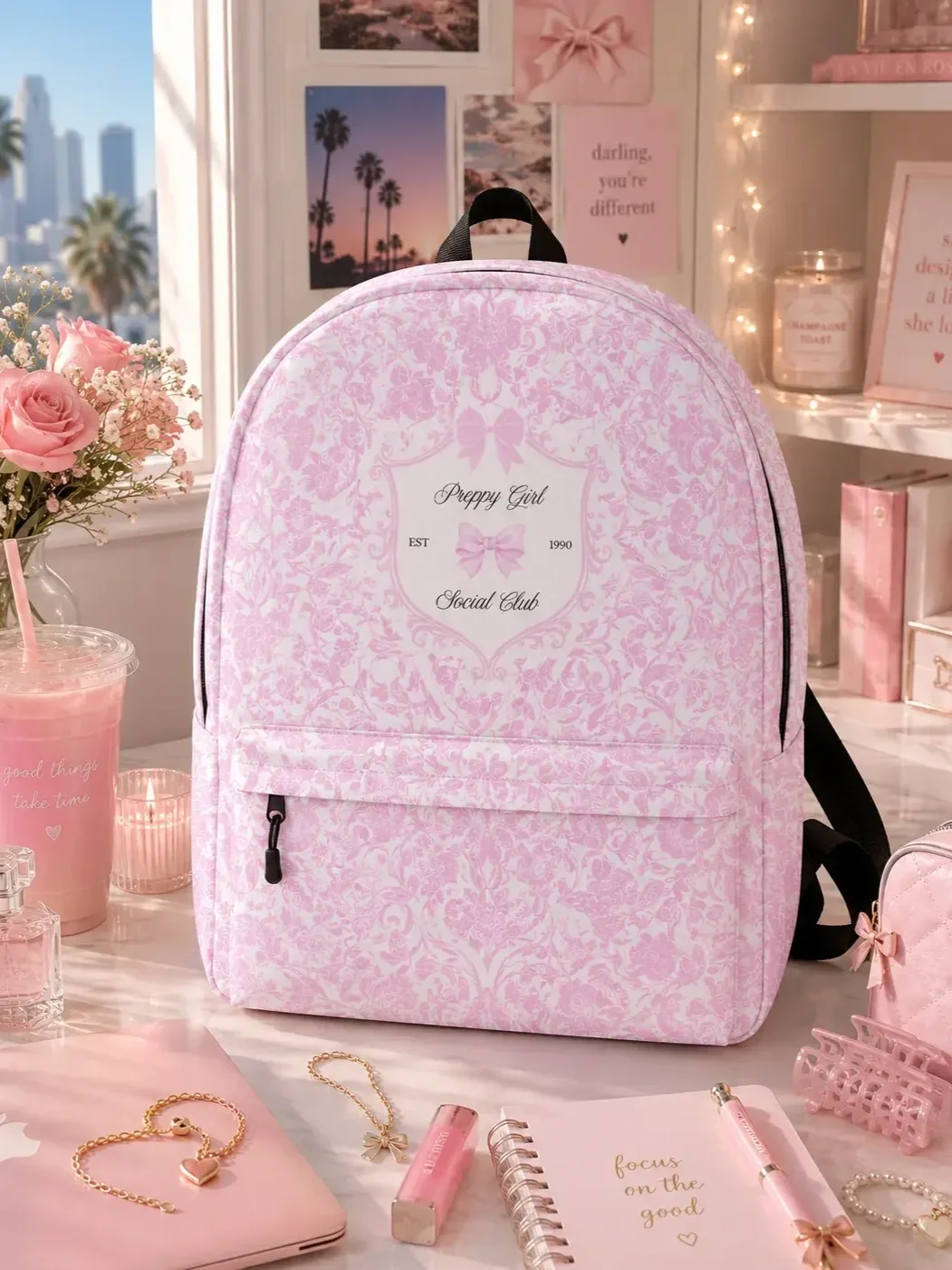 preppy-girl-social-club-pink-damask-backpack-desk-decor.webp
