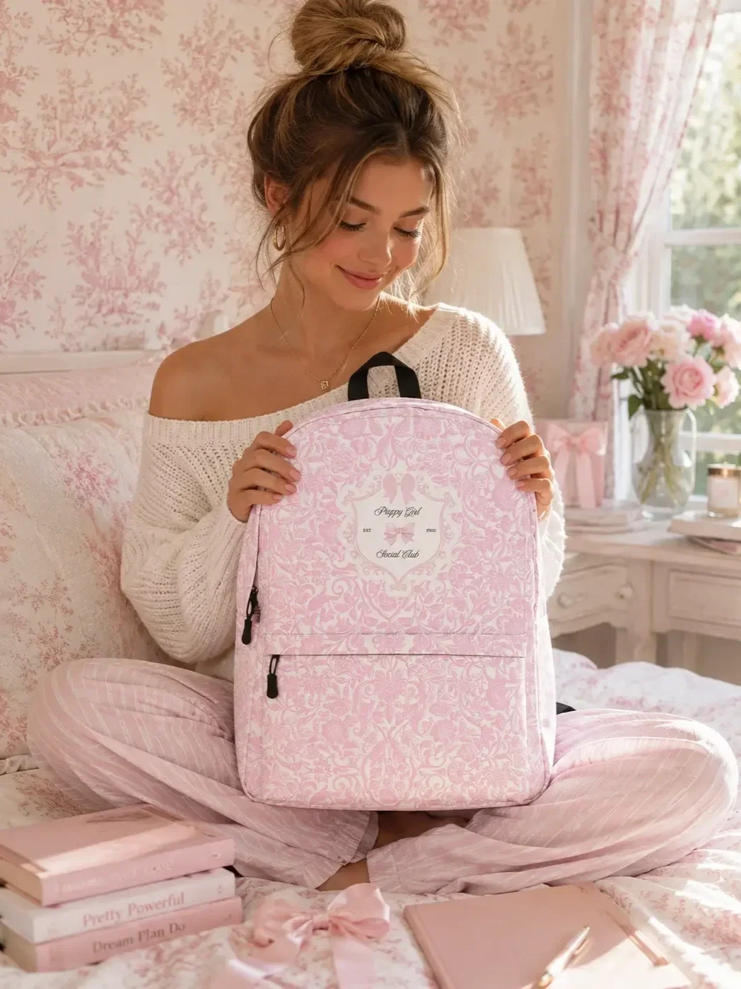 preppy-girl-social-club-pink-backpack-bedroom-lifestyle.webp