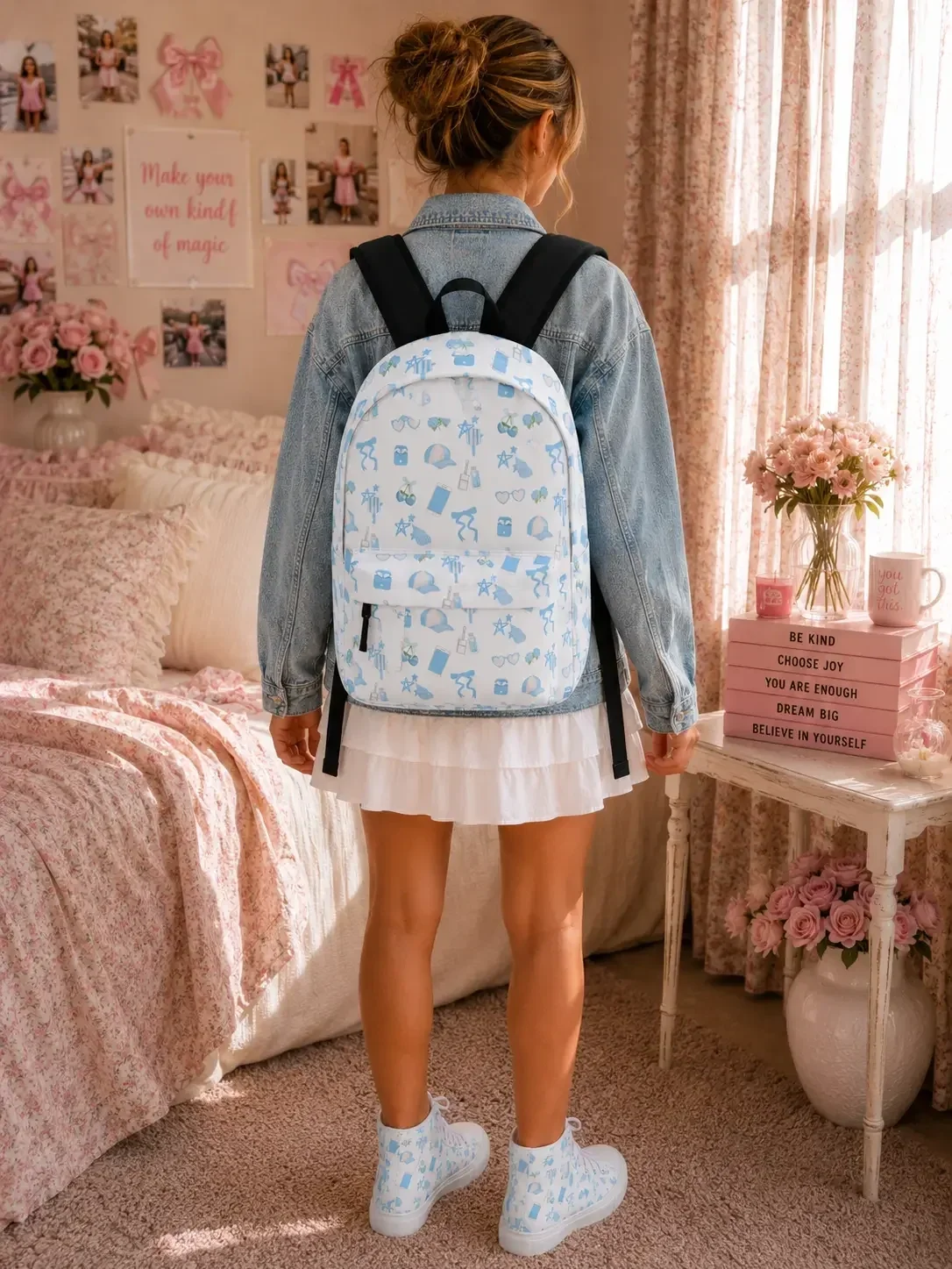 light-blue-patterned-backpack-white-skirt-denim-jacket.webp