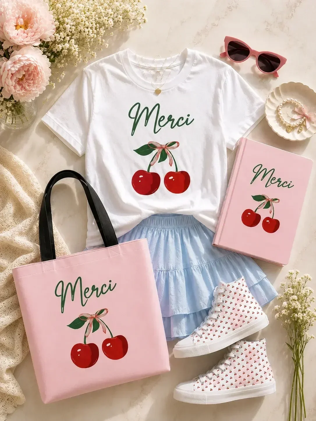 merci-cherry-tshirt-pink-tote-bag-skirt-outfit.webp