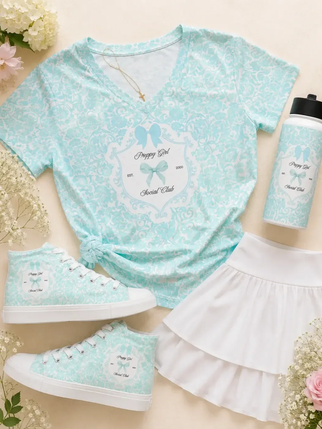 preppy-girl-social-club-damask-tshirt-skirt-flatlay.webp