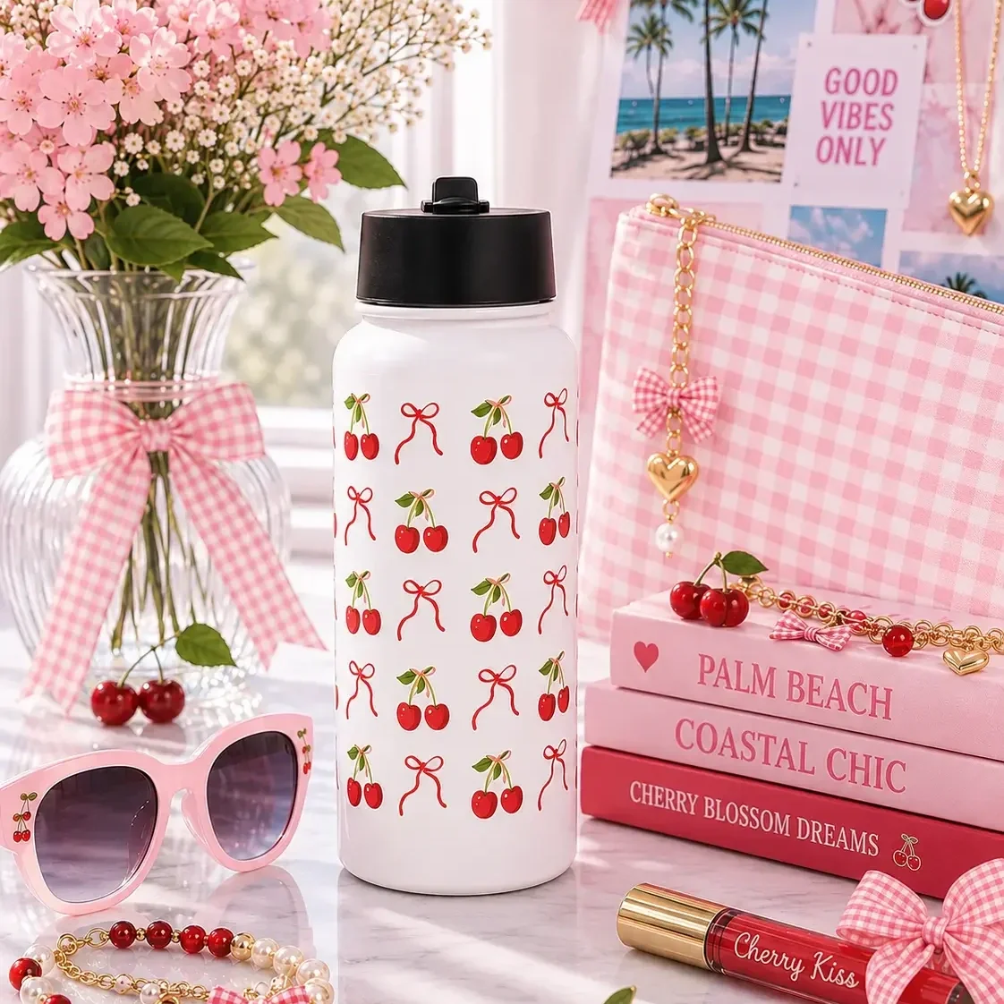 cherry-bow-insulated-water-bottle-palm-beach-flatlay.webp