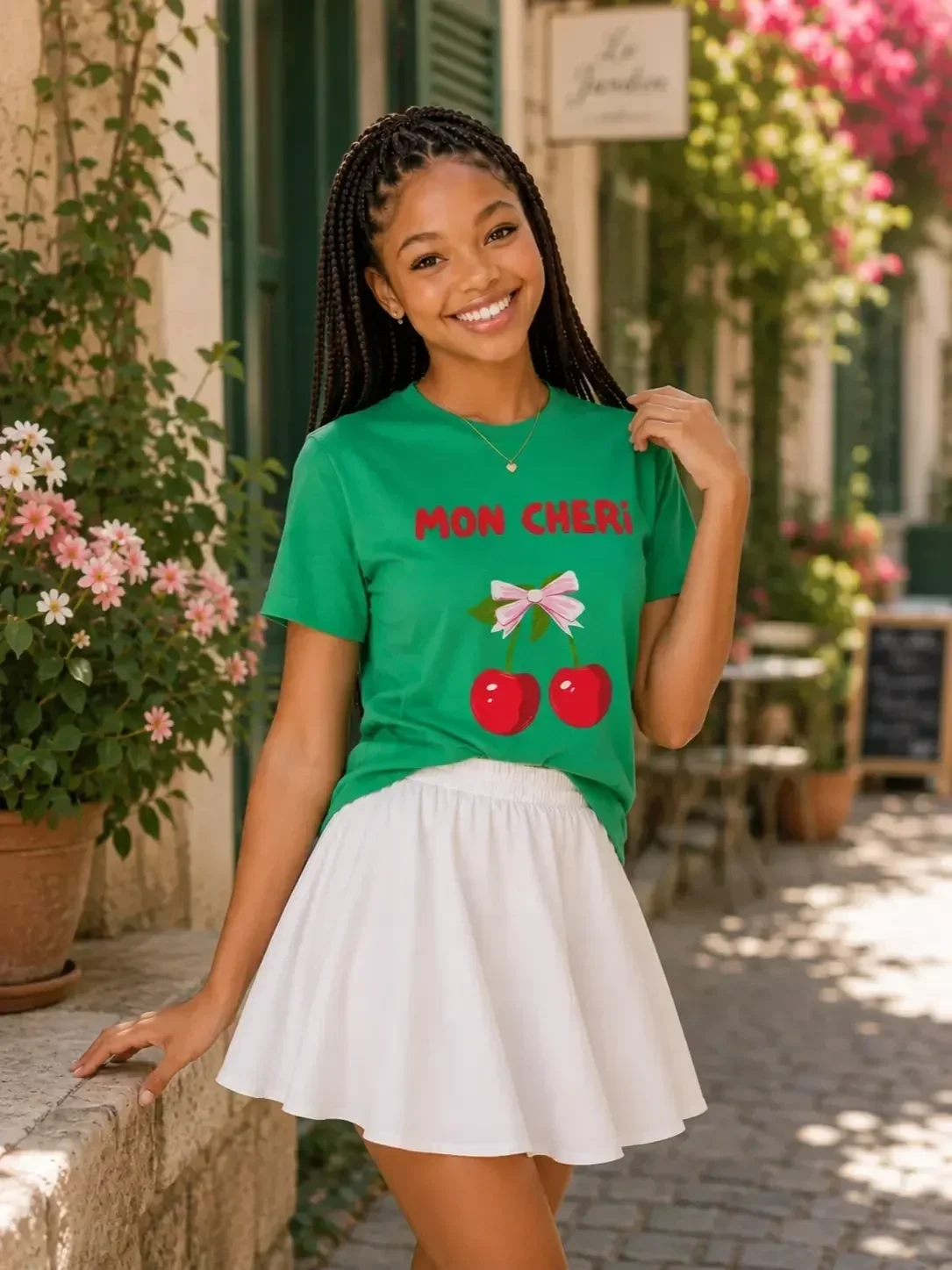 smiling-woman-green-cherry-tshirt-white-skirt.webp