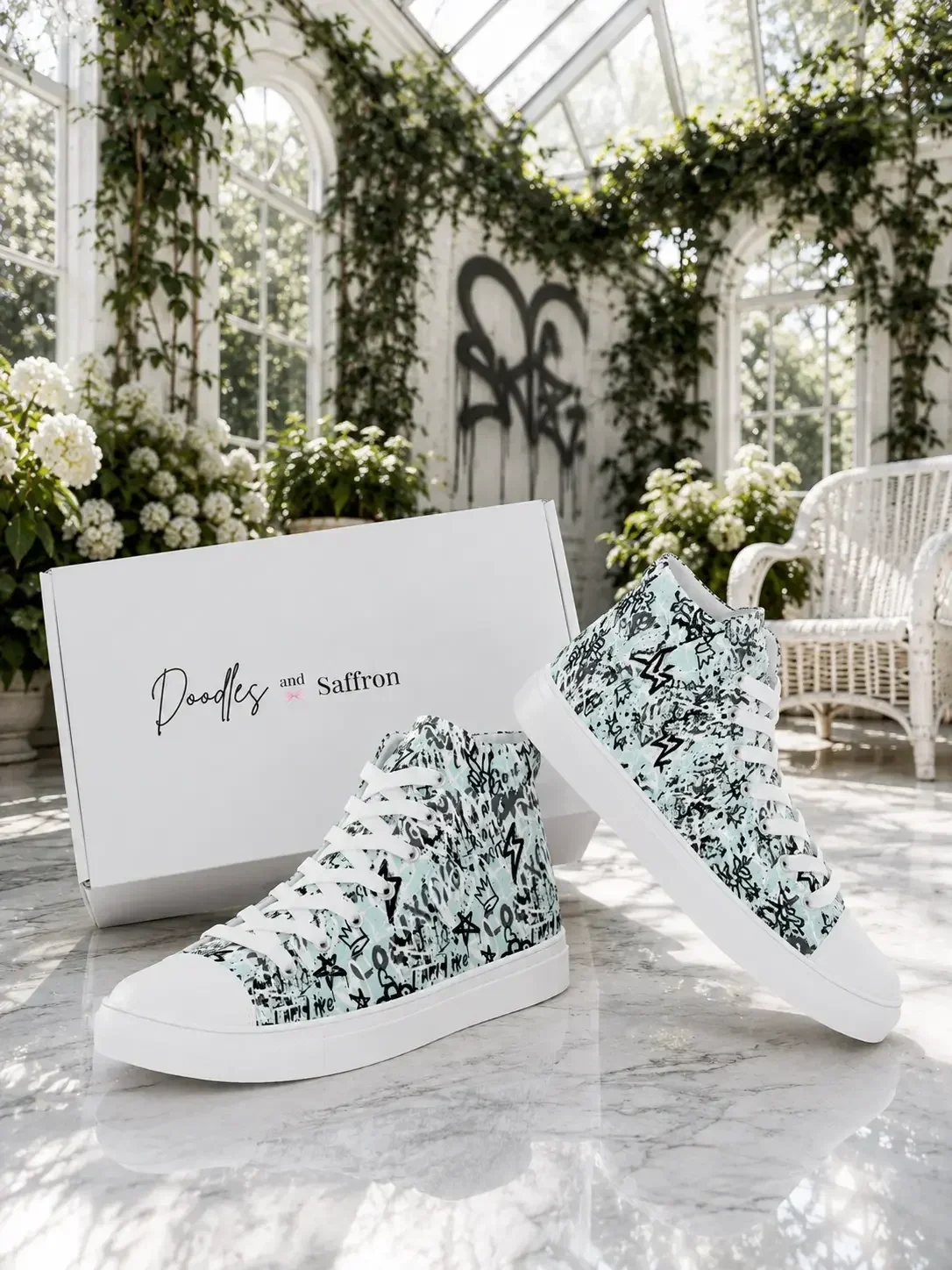 A pair of mint green graffiti print high-top sneakers displayed in front of a white Doodles and Saffron shoebox.