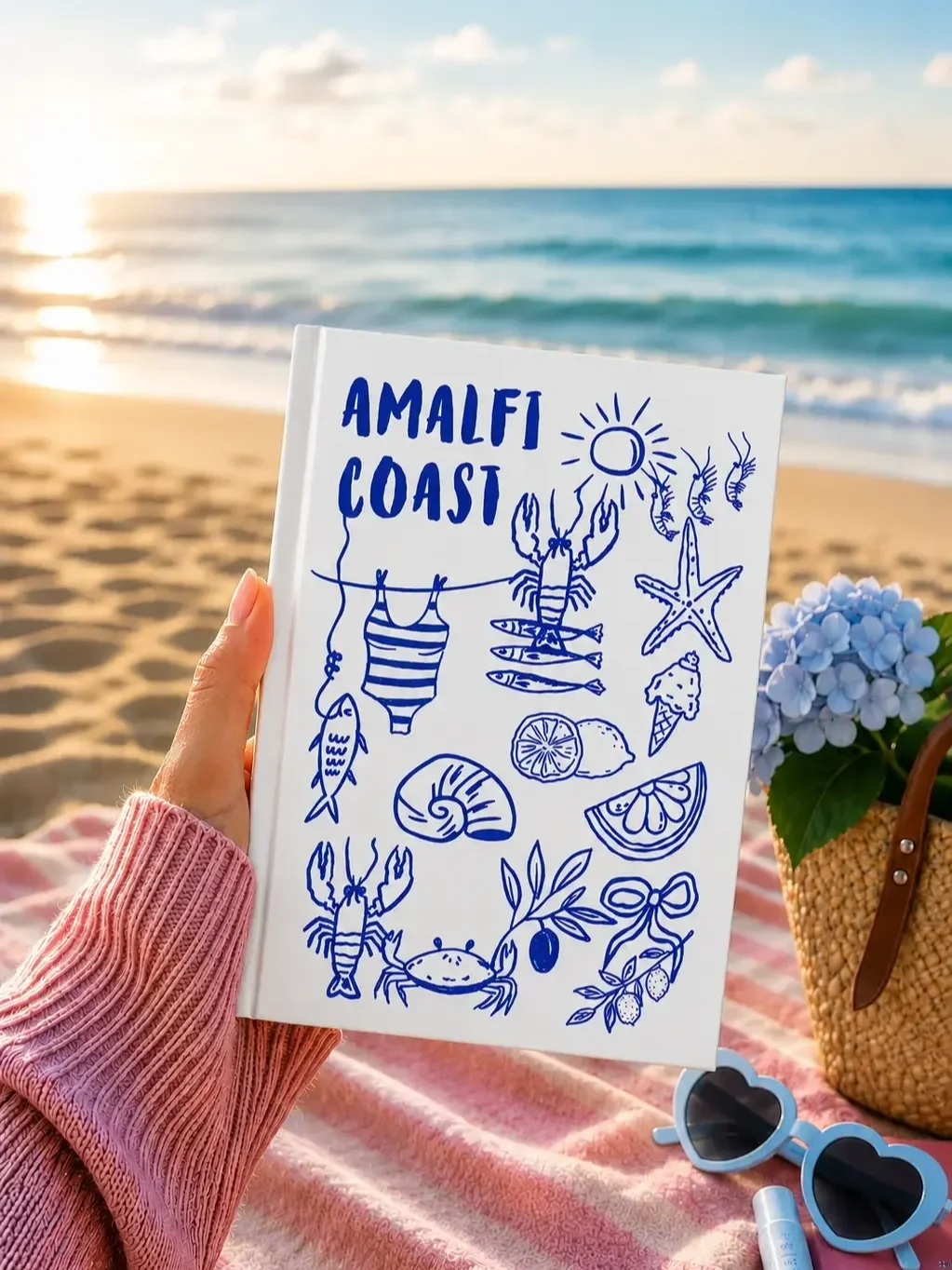 A hand holding a white "Amalfi Coast" notebook with blue Mediterranean sketches on a beach blanket at sunset.