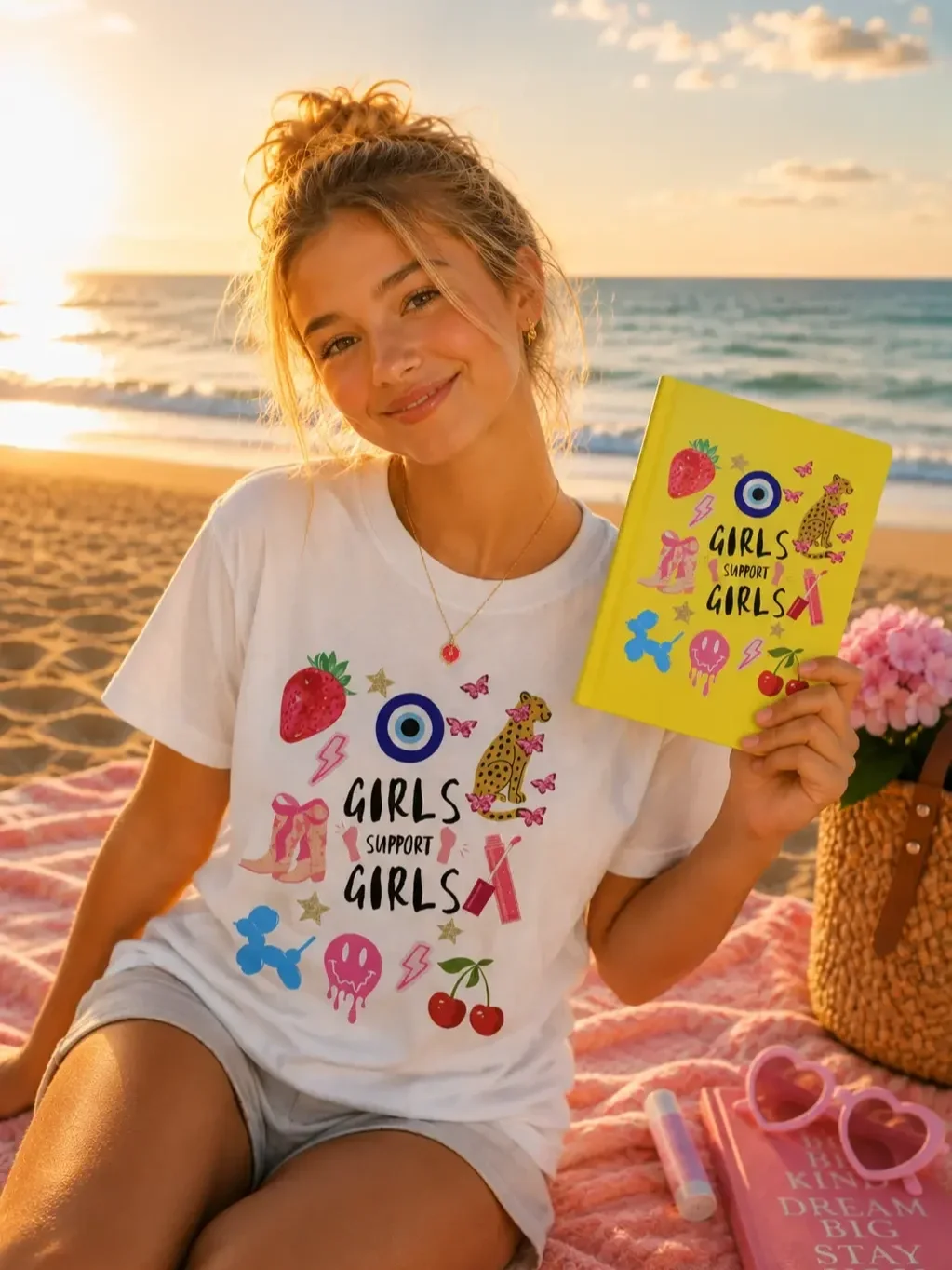 Smiling woman with a hair bun sitting on a beach blanket at sunset, wearing a matching t-shirt and holding a yellow preppy notebook.