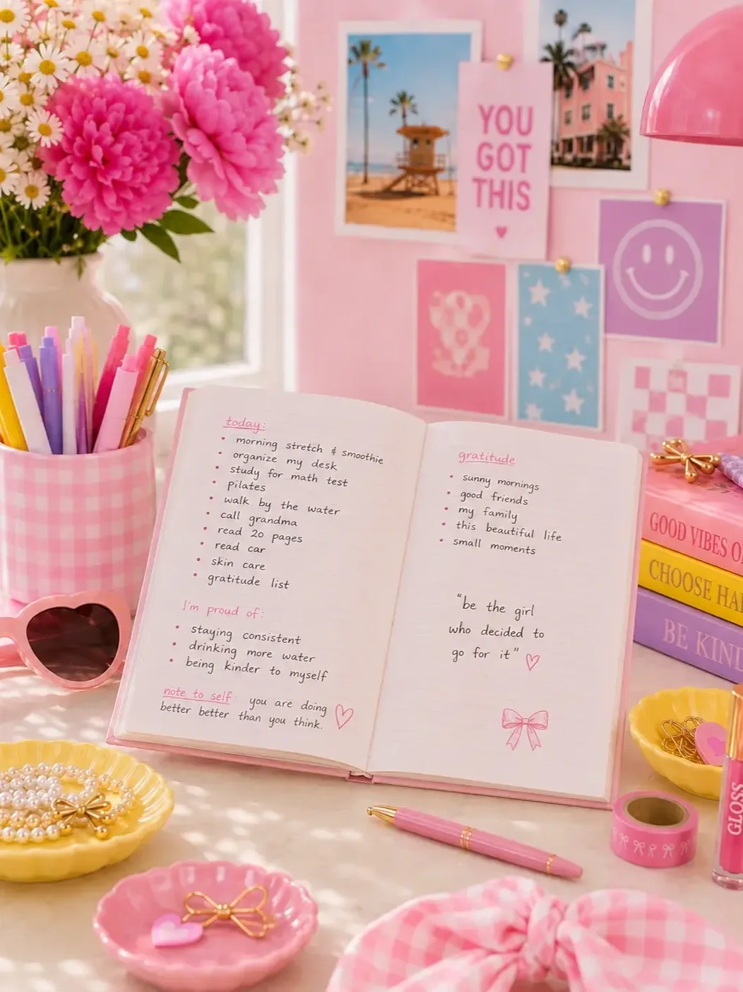 An open journal with handwritten self-care and gratitude lists on a preppy pink desk setup with colorful stationery and flowers.