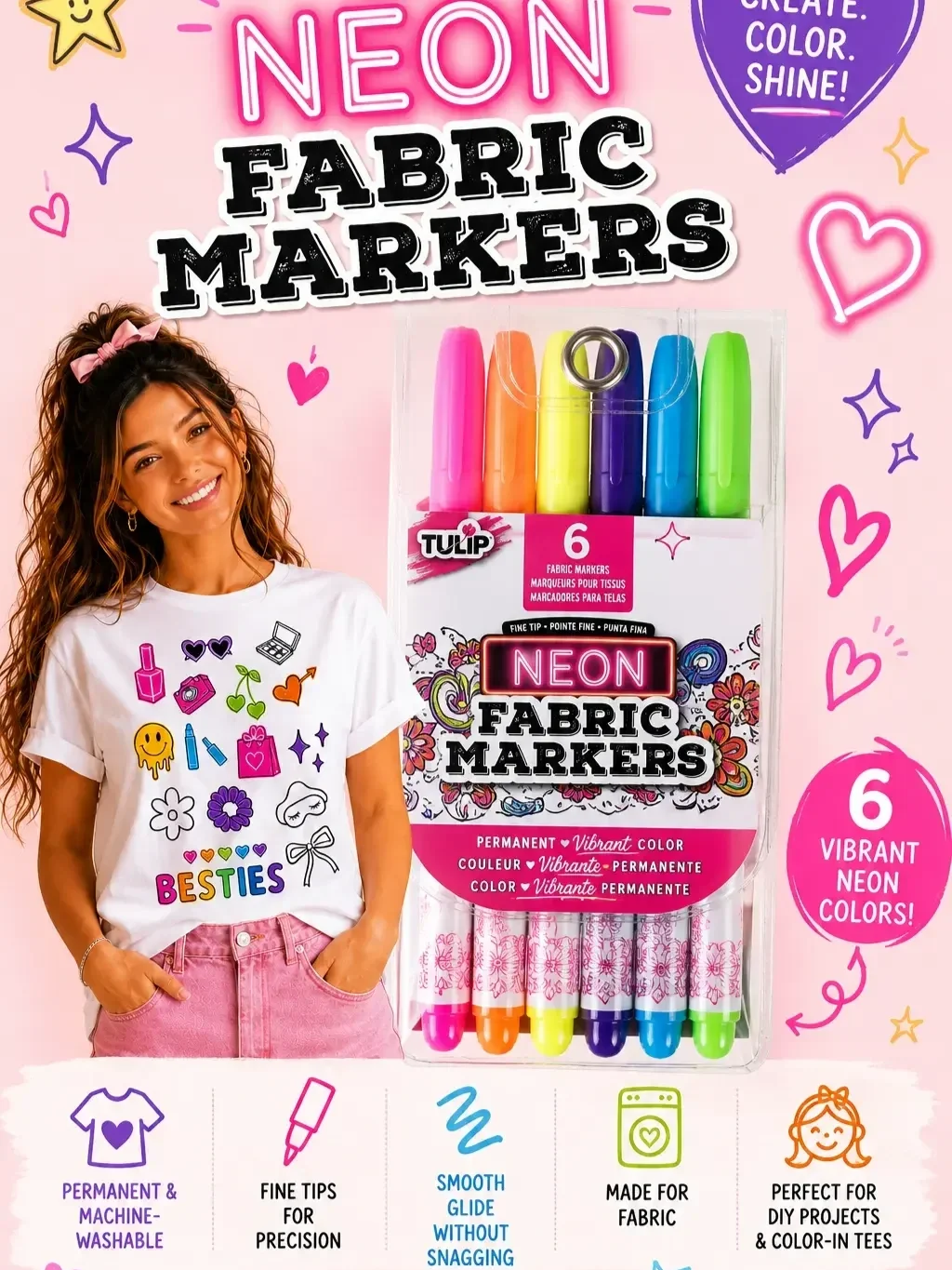 Tulip neon fabric markers 6-pack with fine tips displayed next to a smiling woman in a hand-colored t-shirt.