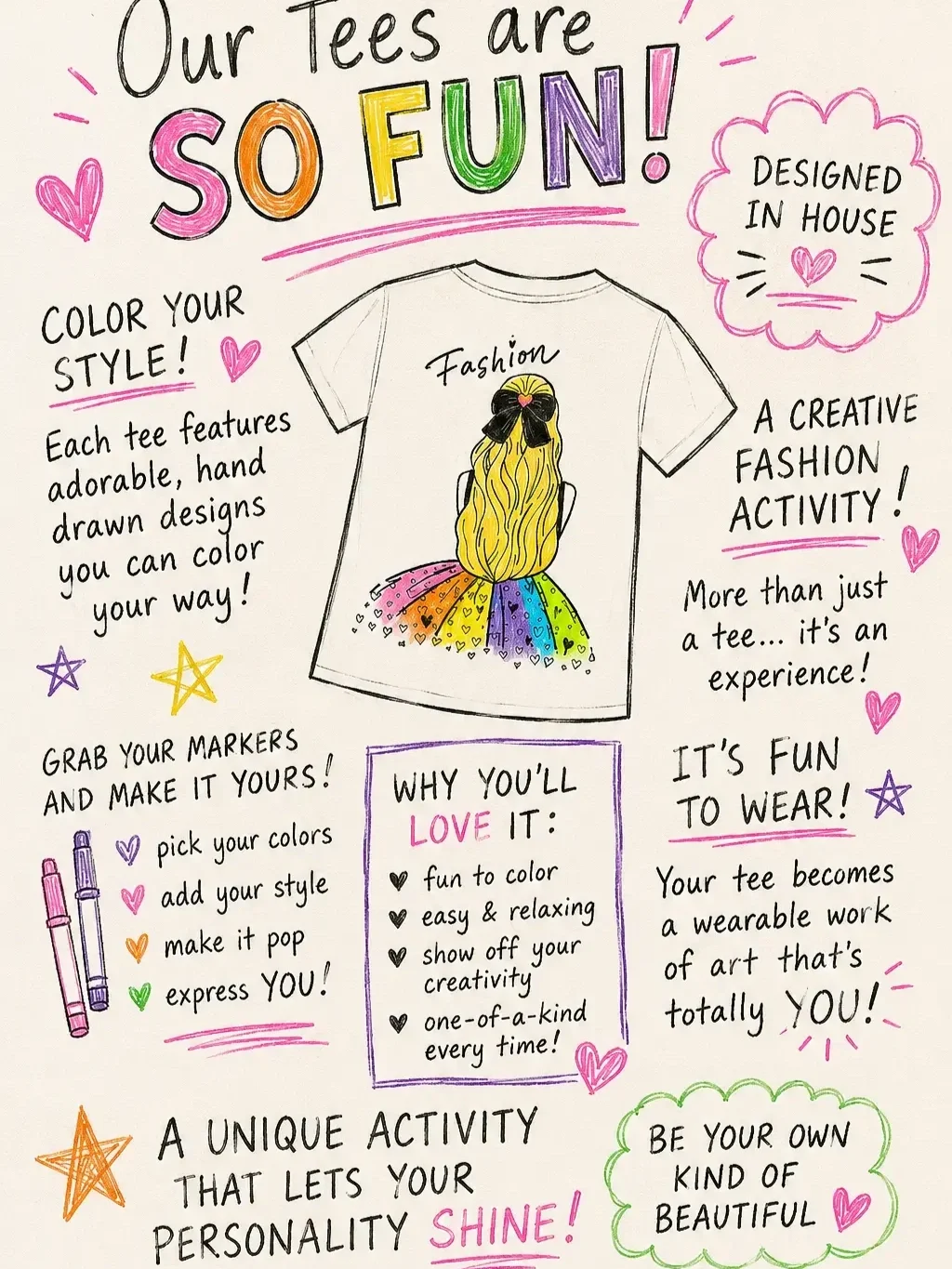 A colorful hand drawn infographic showcasing a colorable fashion t-shirt with a design of a woman in a dress.