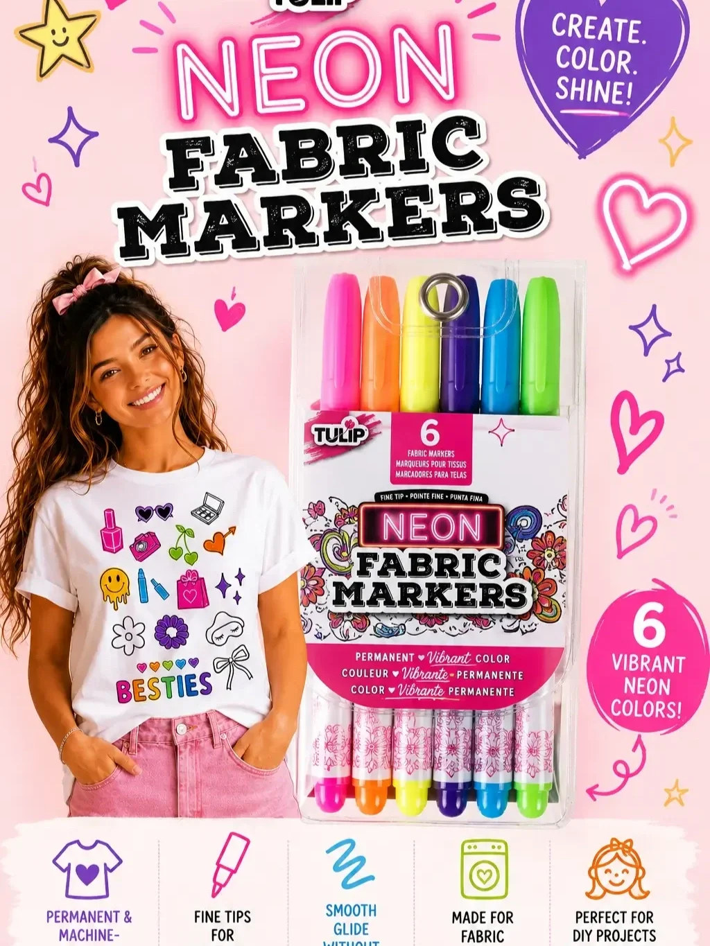 Tulip neon fabric markers 6-pack with fine tips displayed next to a smiling woman in a hand-colored t-shirt.