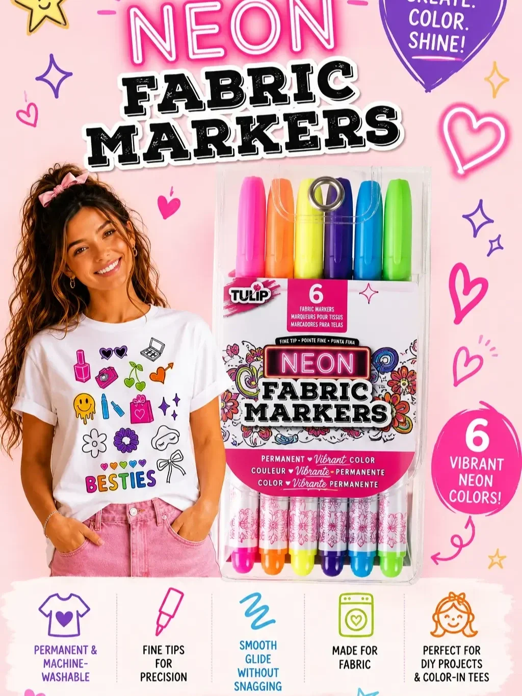 Tulip neon fabric markers 6-pack with fine tips displayed next to a smiling woman in a hand-colored t-shirt.