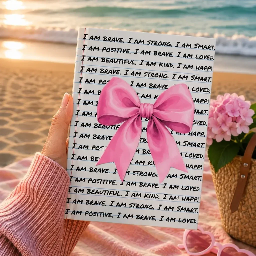 Close-up of a hand holding a pink coquette bow affirmations notebook on a beach blanket with the ocean sunset in the background.