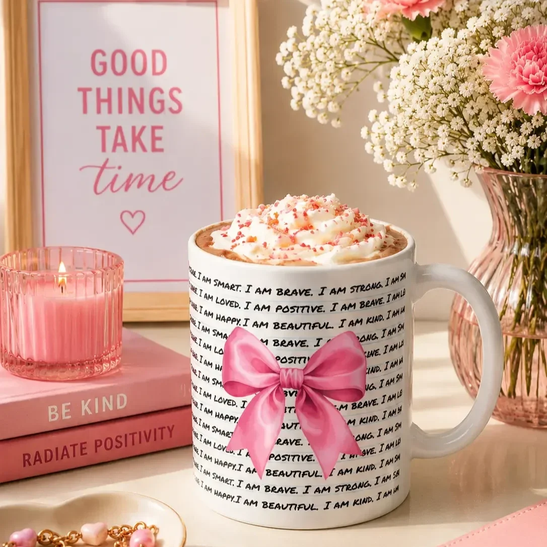 White mug with repeated self affirmations and a pink ribbon bow filled with hot chocolate on a desk next to books.