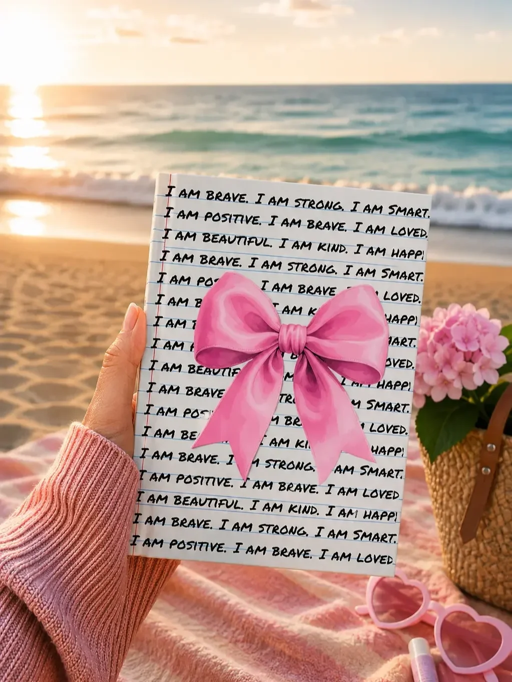 beach-hand-holding-pink-bow-affirmations-journal.webp