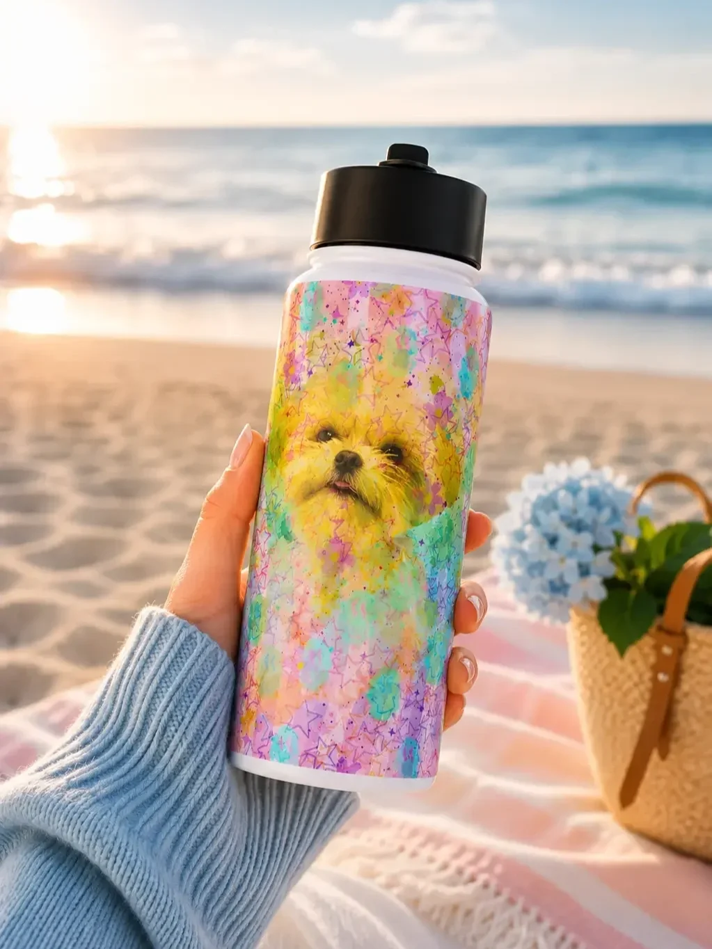 preppy-puppy-water-bottle-beach-sunset-lifestyle.webp
