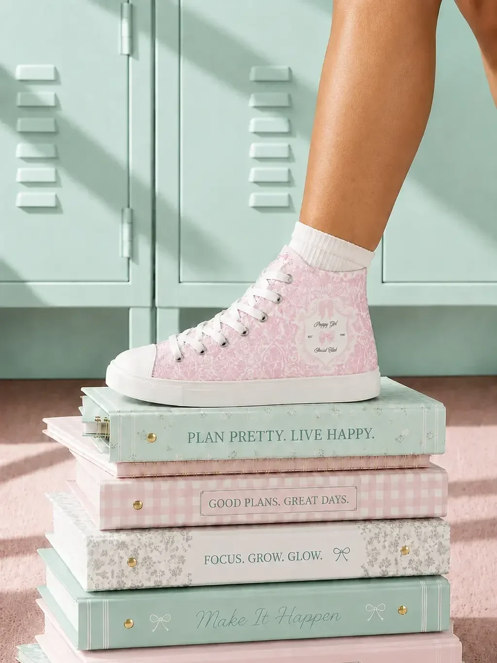 A person wearing pink toile print high-top canvas sneakers standing on a stack of preppy journals by mint green lockers.