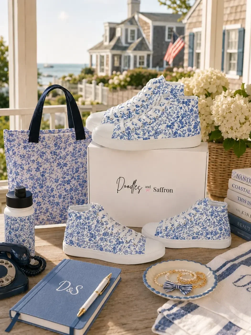Blue floral toile high-top canvas sneakers displayed on a patio table with matching lifestyle accessories and a tote bag.
