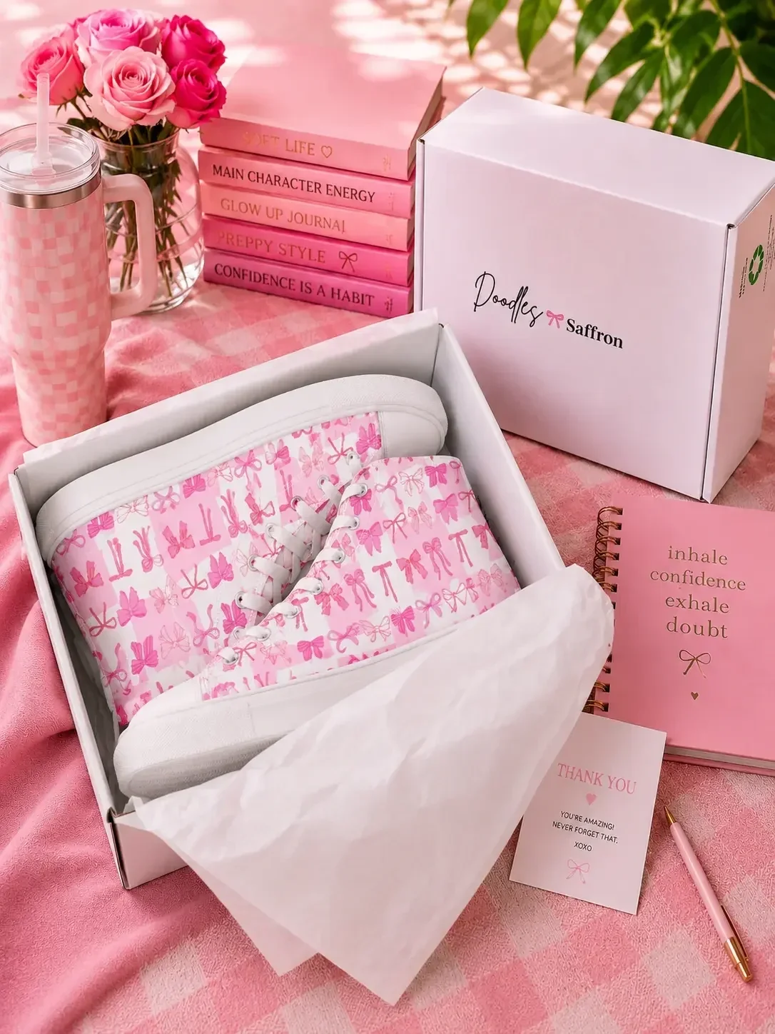 Pink ribbon bow patterned high-top sneakers inside a Doodles by Saffron shipping box with matching pink journals.