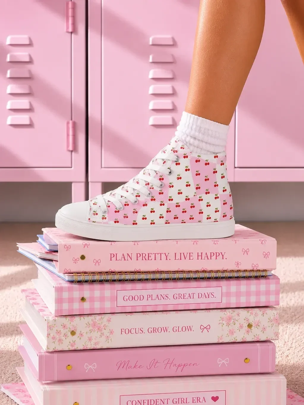 A pink checkered high-top sneaker with a cherry print resting on top of a stack of pink inspirational journals.