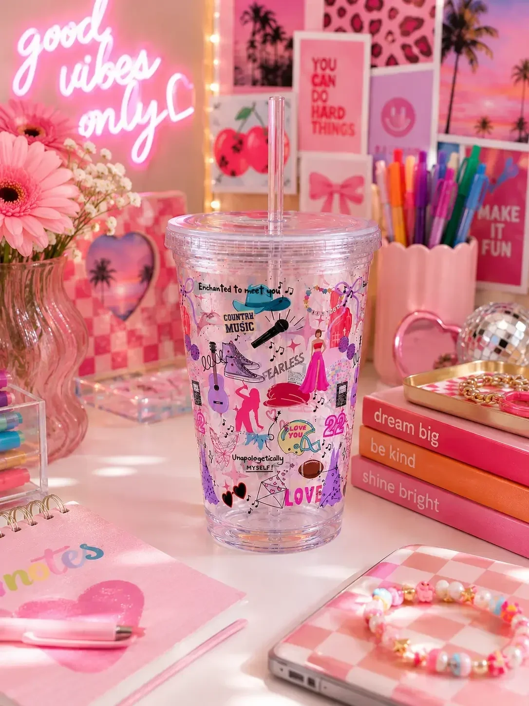 preppy-country-music-pop-star-doodle-clear--tumbler-cup-pink-desk.webp (Copy) (Copy)