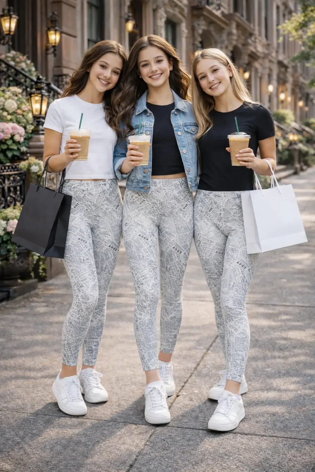 Three girls holding coffees and shopping bags wearing matching kids newspaper print leggings.