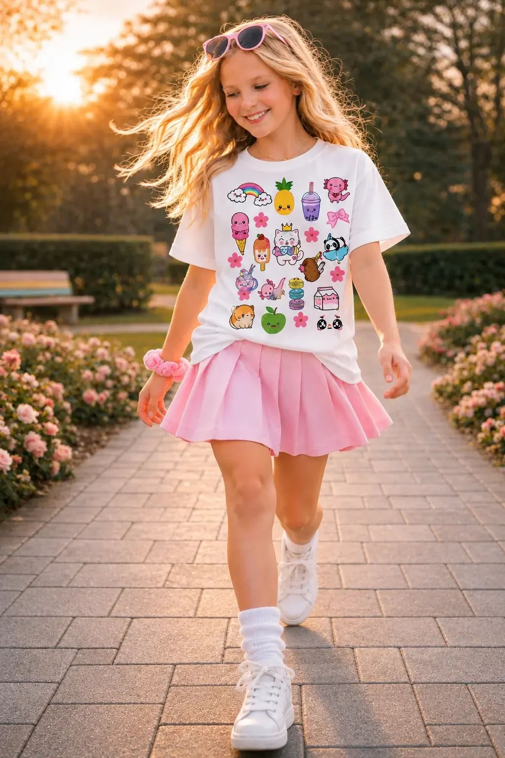 Young girl walking forward on an outdoor path wearing a white kawaii graphic t-shirt, pink pleated skirt, and white sneakers.