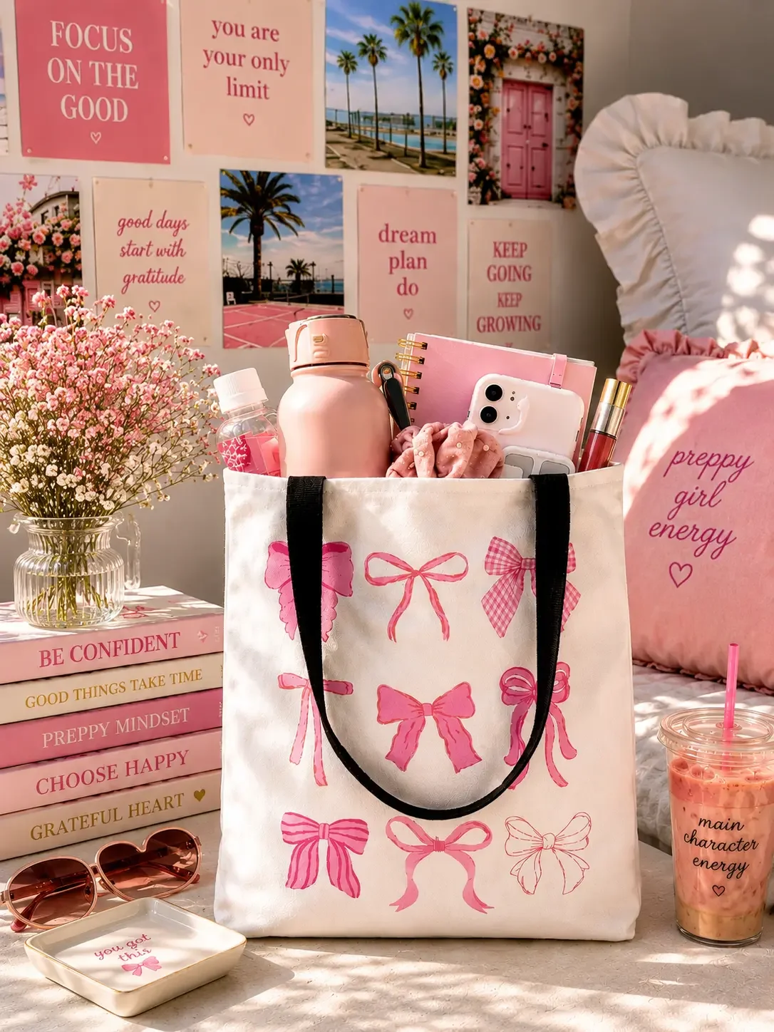 White tote bag decorated with pink bows, filled with a pink notebook, water bottle, and phone on an outdoor table. (Copy)