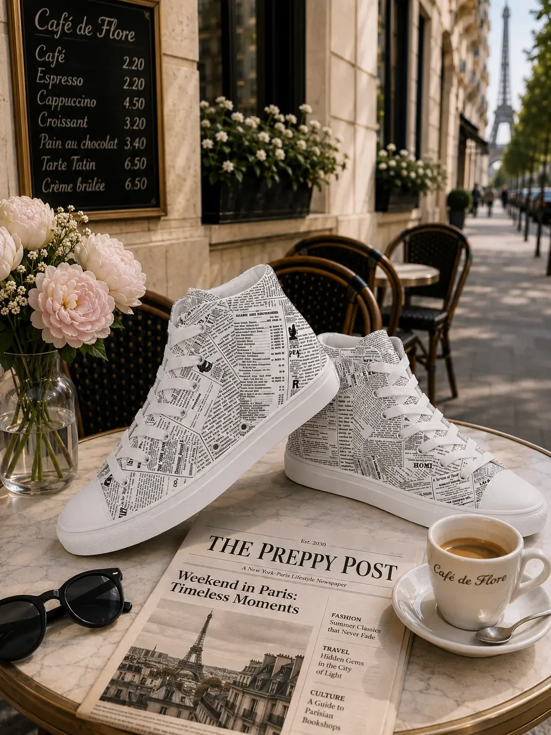 White newspaper print high-top canvas sneakers displayed on a cafe table with a Preppy Post newspaper, espresso, and flowers.