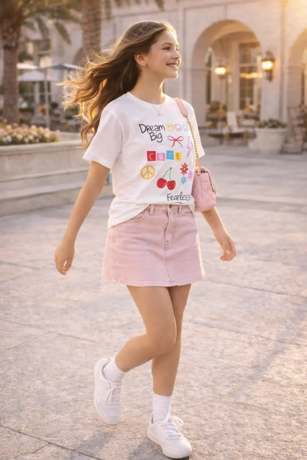 Side profile of a smiling teenage girl walking outdoors wearing a white doodle graphic t-shirt, pink denim skirt, and white sneakers.